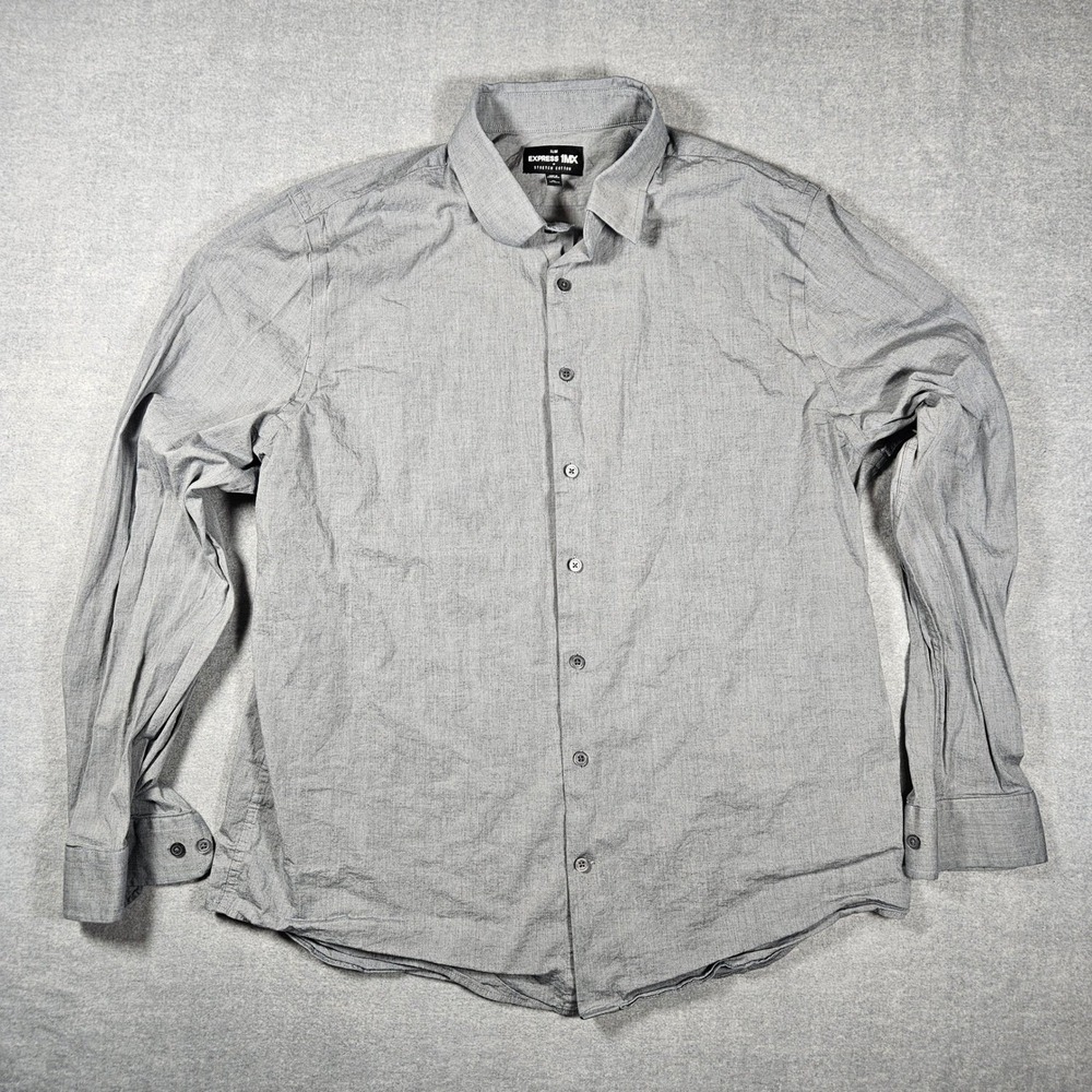 Express 1MX Slim Fit Shirt Mens XL Grey Stretch Cotton Long Sleeve‎ Button Down